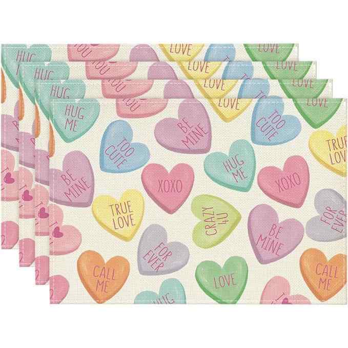 ランチョンマット バレンタインデー リネン調 ポリエステル素材 断熱 耐熱 食卓 ダイニング リビング カフェ おしゃれ 北欧風(x4)