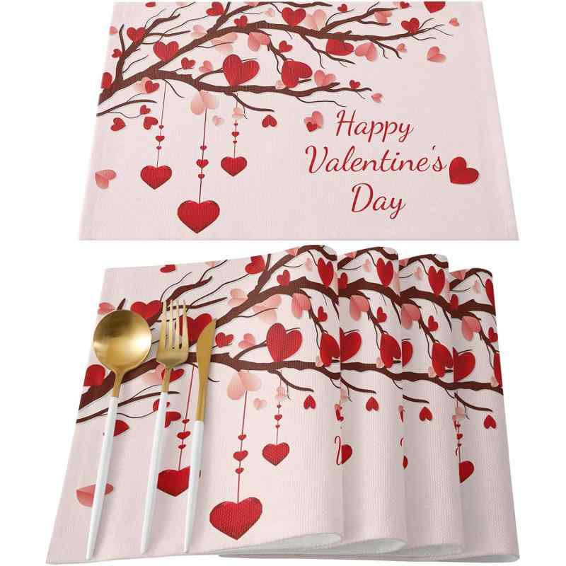 ランチョンマット バレンタインデー 耐熱 おしゃれ かわいい 麻 リネン ポリエステル ダイニング 食卓 アメリカン デコレーション リビング 業務用 30x45cm(x4)