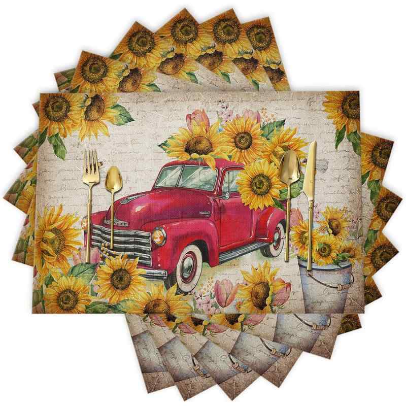 ランチョンマット リネン風 麻混 プリント ひまわり柄 モダン シンプル 北欧風 おしゃれ かわいい キッチン ダイニング テーブルウェア 汚れ防止 季節感 インテリア 雑貨(x4)