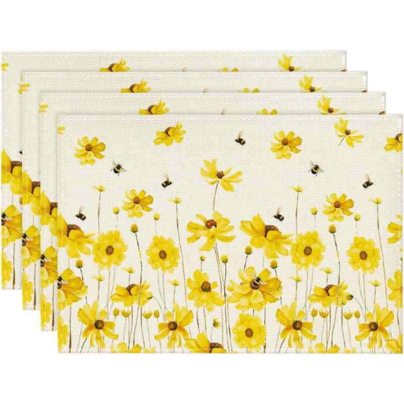 ランチョンマット 麻 リネン ポリエステル プリント柄 ひまわり デイジー 季節柄 モダン シンプル おしゃれ かわいい 食卓 ダイニング キッチン リビング 業務用 30x45cm(x4)