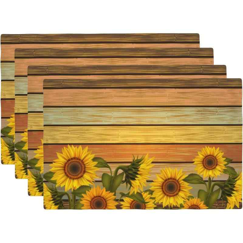 ランチョンマット ひまわり プリント リネン ポリエステル テーブルマット 食卓マット モダン シンプル キッチン ダイニング リビング 店舗用 北欧 おしゃれ 撥水 汚れ防止 洗える 季節を問わず(x4)