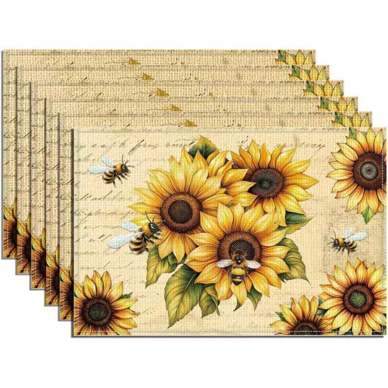 プレースマット ひまわり柄 プリント リネン 麻素材 季節の食卓 キッチン ダイニング おしゃれ モダン シンプル ランチョンマット テーブルマット インテリア 雑貨(x4)