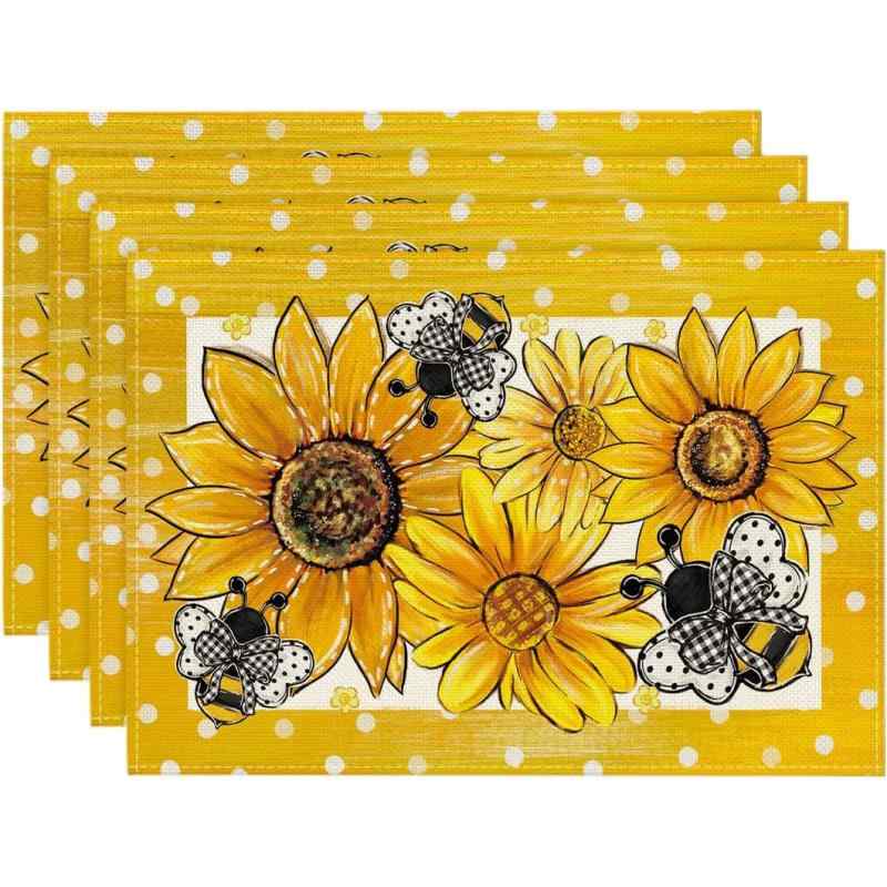 ランチョンマット 麻 リネン ポリエステル混 花柄 プリント ひまわり デイジー 向日葵 雛菊 モダン シンプル おしゃれ ダイニング 食卓 キッチン 来客用 プレイスマット 30x45cm(x4)