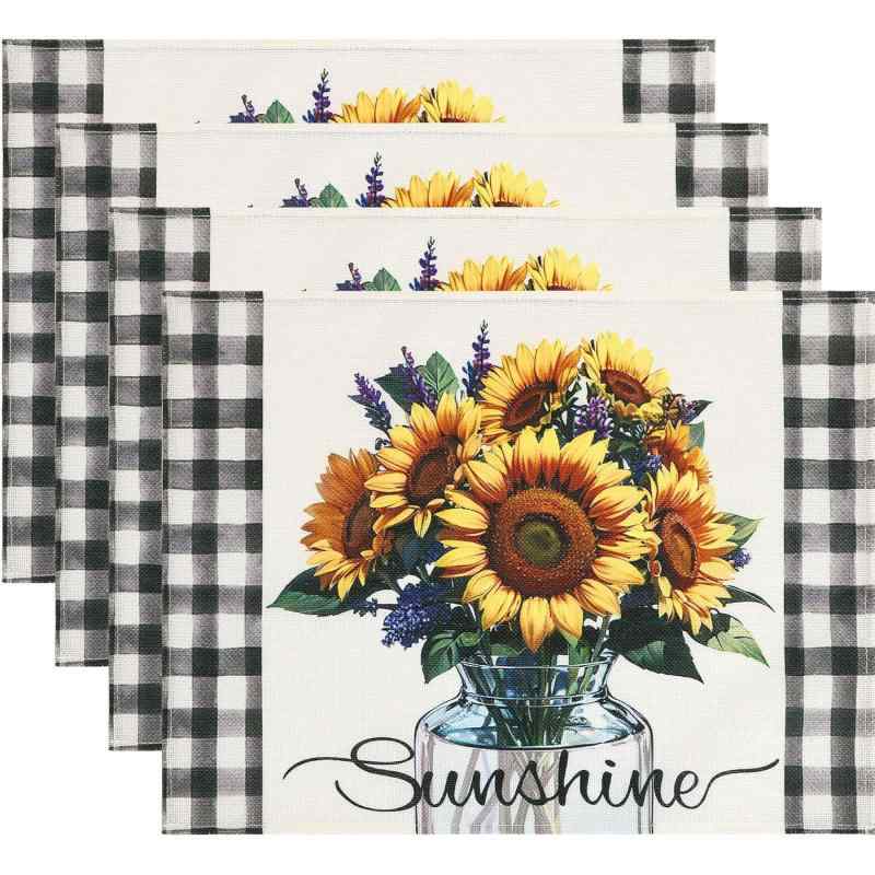 ランチョンマット リネン ポリエステル プリント ひまわり デイジー 花柄 春夏 モダン シンプル ダイニング リビング キッチン 食卓 カフェ 店舗用 縦30cm 横45cm(x4)