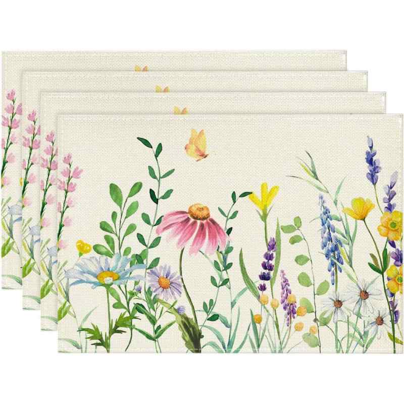 ランチョンマット リネン風 花柄 プリント 向日葵 ひまわり 雛菊 デイジー 北欧 モダン おしゃれ かわいい ダイニング 食卓 キッチン テーブル リビング インテリア オールシーズン(x4)