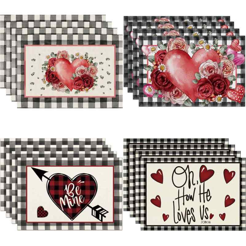 ランチョンマット リネン 麻 断熱 耐熱 スクエア バレンタイン 装飾 おしゃれ テーブル保護 ダイニング キッチン 食卓 レストラン カフェ アウトドア 食器 コースター アメリカン スタイル シンプル モダン(x4)(3)