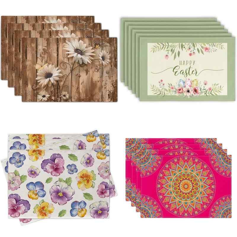 ランチョンマット 亜麻 リネン ポリエステル 洗える 速乾 お手入れ簡単 花柄プリント 草花 ボタニカル柄 春夏 季節感 モダン シンプル リビング ダイニング キッチン デコレーション インテリア 雑貨 30x45cm(x4)