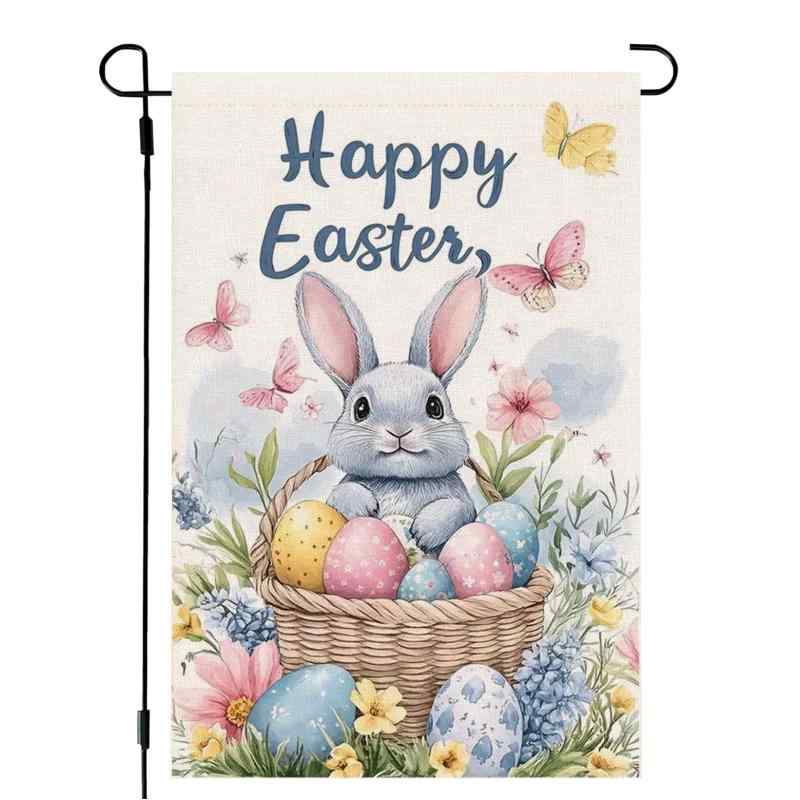ガーデンフラッグ イースター 両面印刷 イースターエッグ うさぎ グリーン 花柄デザイン 庭園 屋外用 ..