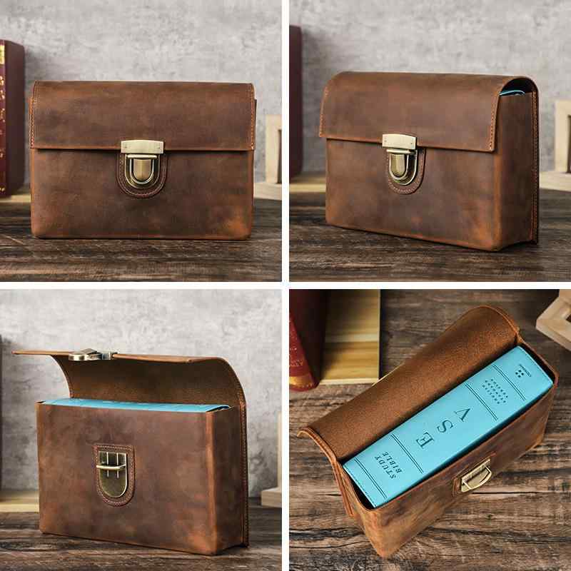 ブックカバー クレイジーホースレザー 本革 牛革 ハンドメイド フラップ式 ロック式留め具 厚手 丈夫 耐久性 単行本 A5対応 ブラウン ビジネス 通勤 通学...