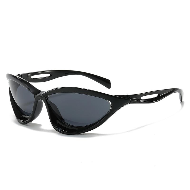 サングラス UV400カット 軽量 PC素材 スポーツ サイクリング パーティー トレンド インフルエンサー ファッション 透かし彫りテンプル 異形フレーム 個性的スタイル グレーレンズ ブラックフレーム