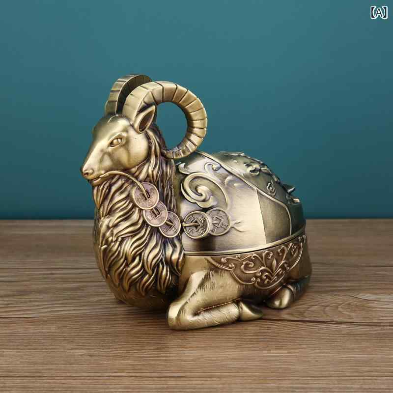 灰皿 蓋付き 灰飛び防止 おしゃれ ライトラグジュアリー 合金製 レトロ アンティーク調 ヤギモチーフ 自宅 リビング用 インテリア置物 クラシカル(3)