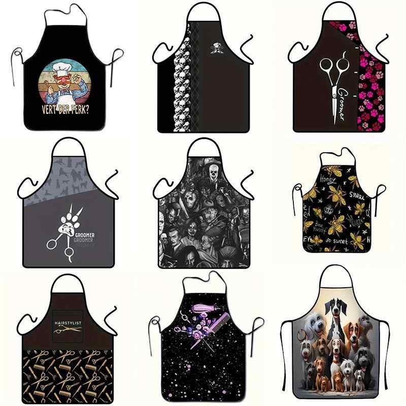 エプロン 男女兼用 ユニセックス 撥水 防水 ポリエステル製 デジタルプリント 総柄 おしゃれ ハサミ柄 ..