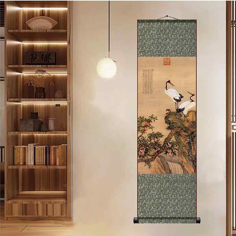 掛軸 リビング 和室 玄関 ウォールアート 高精細プリント 高級感 シルク調 和紙風 フレームレス 松鶴延年 双鶴 蟠桃 梅 縁起物 モダンチャイニーズ インテリア 壁飾り 絵画