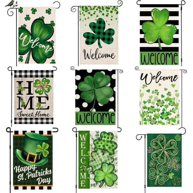 ガーデンフラッグ セントパトリックデー クローバー 三つ葉 花柄 フラワー 麻 リネン素材 庭 玄関 屋外..
