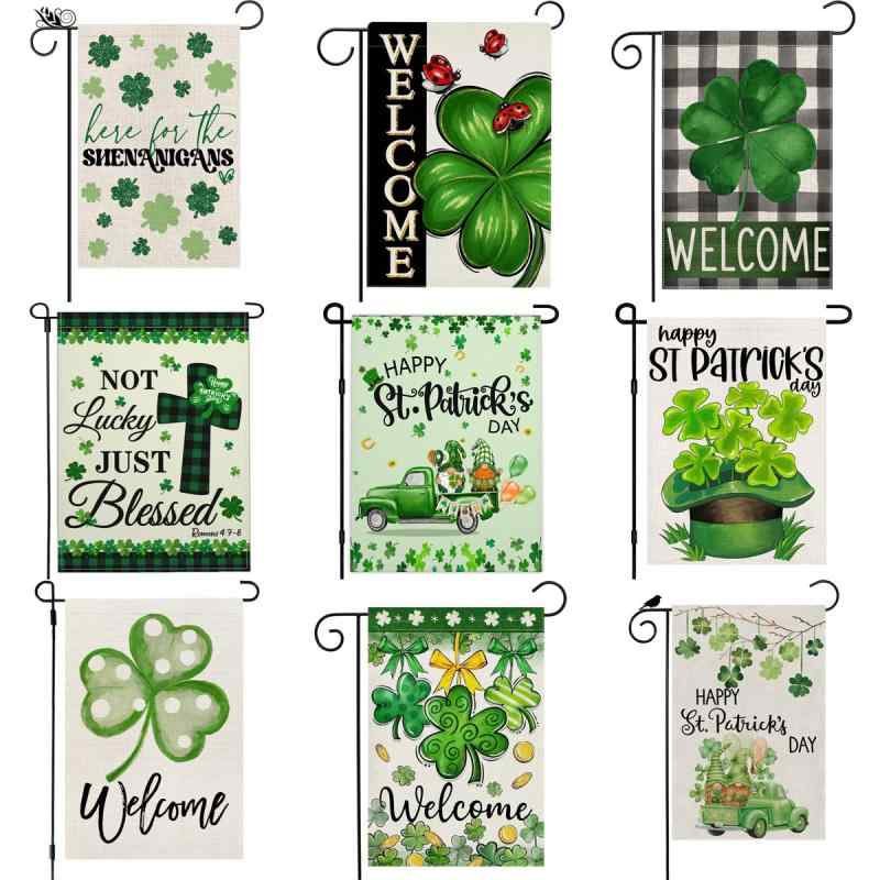 フラッグ 聖パトリックの祝日 ガーデン 屋外 庭用 吊り下げ 飾り クローバー 花柄 リネン 麻素材 ウェ..