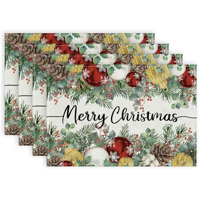 ランチョンマット クリスマス 断熱 リネン風 ポリエステル 4枚セット テーブルウェア コースター アメリカン 食卓 華やか 飾り リビング ダイニング おしゃれ 30cm×45cm(x4)