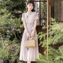 ワンピース セットアップ レディース 漢服 中国風 改良 デイリー 鳶尾蝶 オリジナルデザイン 半袖 ミドル丈 無地 ポリエステル レトロスタイル