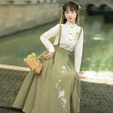 漢服 レディース オリジナルデザイン チャイナ風 グリーン シャツ サロペットスカート 2点セット プリーツスカート ミモレ丈 ポリエステル きれいめ かわいい フェミニン お出かけ