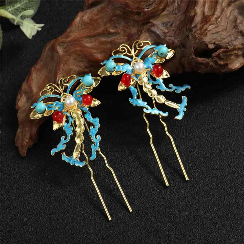 かんざし レディース 手作り 優雅 揺れる 歩揺 流蘇 タッセル飾り 古典的 宮廷風 漢服風 中華風 民族風 焼青 七宝焼 点翠 蜻蛉モチーフ 髪飾り ヘアアクセサリー 合金 電気メッキ加工