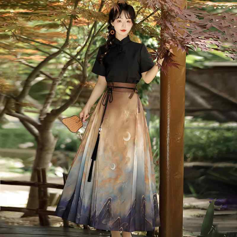 セットアップ レディース 中国風 オリジナルデザイン 改良漢服 半袖トップス 馬面裙 プリーツスカート ..