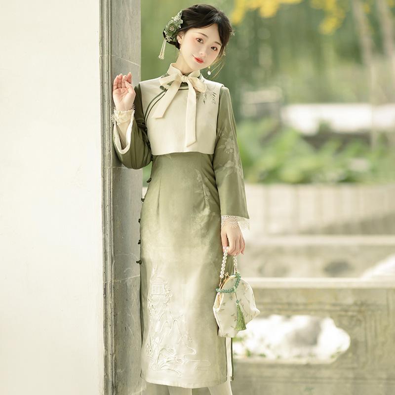 チャイナドレス レディース 新中華風 オリジナルデザイン 中国風 レトロ エレガント ベストセット 長袖 フレアスリーブ ロング丈 ワンピース セットアップ ポリエステル素材