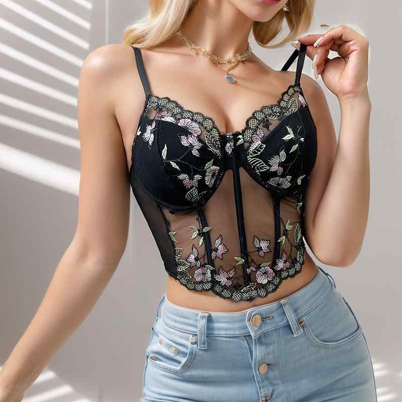 キャミソール レディース セクシー メッシュ シースルー 刺繍 Vネック コルセット風 ボーン入り ビスチェ ウエストマーク 欧米風 ポリエステル オールシーズン