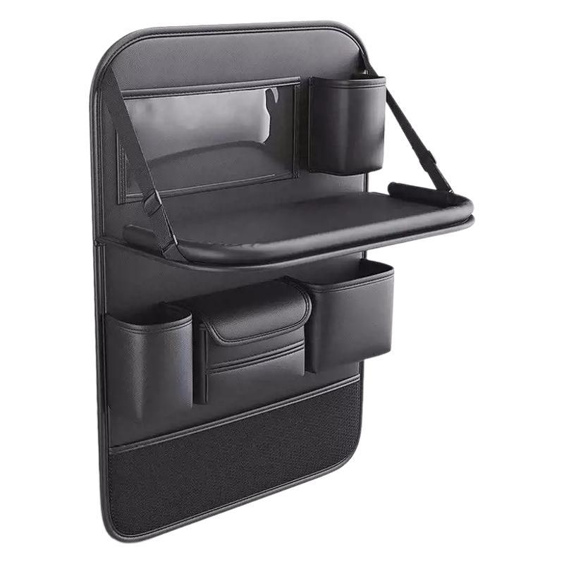 シートバックポケット 車用 多機能 後部座席 収納 大容量 折りたたみ テーブル ドリンクホルダー 小物入れ PUレザー製 防水加工 汎用タイプ ブラック
