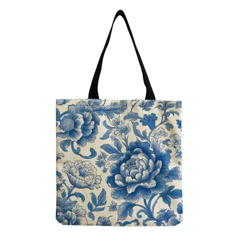 バッグ レディース 女性用 折りたたみ式 エコ 中国風 青花磁 花柄 プリント ショルダーバッグ 肩掛け鞄 お出かけ ショッピング トートバッグ 手提げ鞄