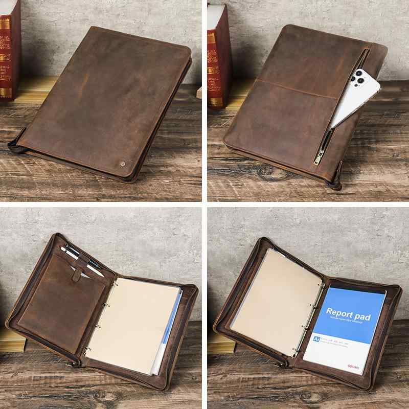 システム手帳カバー A4対応 クレイジーホースレザー 本革 多機能 4穴リング バインダー ペンホルダー付き iPad収納 タブレット対応 ビジネス おしゃれ ...