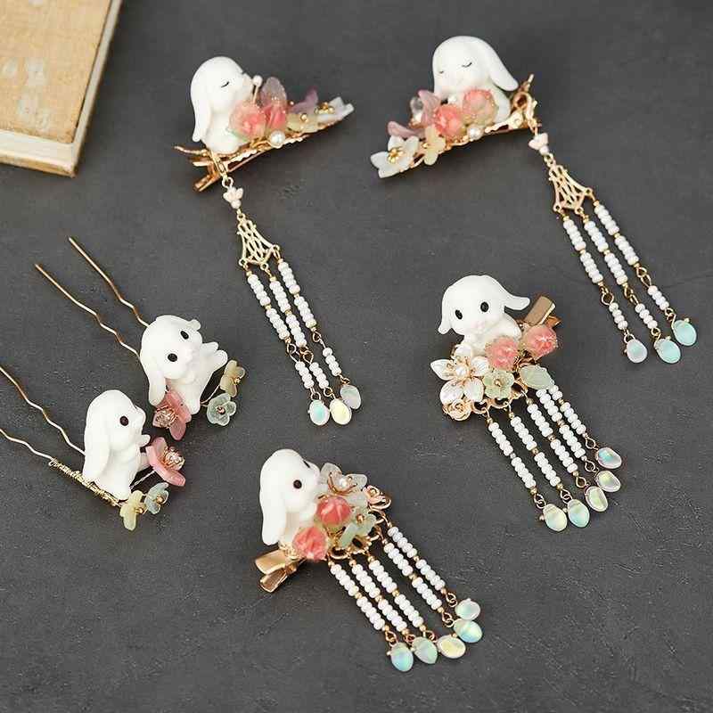 髪飾り レディース 女性用 軽量 樹脂製 かわいい うさぎ 桃 タッセル 和風 レトロ ヘアクリップ 2個セット 春夏 おしゃれ フェミニン 浴衣 着物