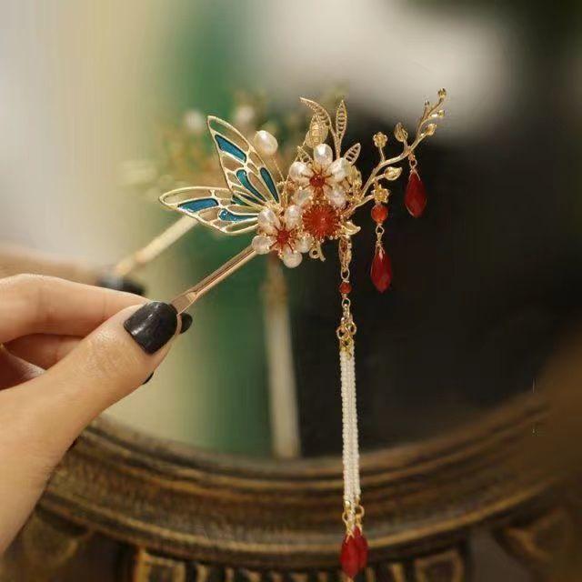 簪 レディース シンプル モダン レトロ 中国風 チャイナドレス 漢服 紅梅色 合金 華やか パーティー 結婚式 イベント 浴衣 着物 和装小物 髪飾り