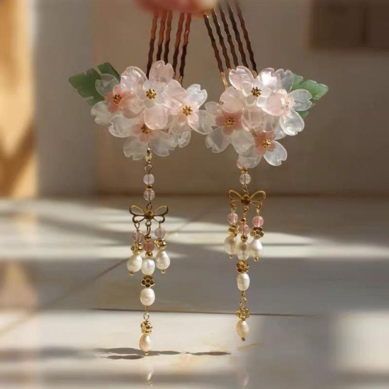 髪飾り キッズ 女の子用 貝殻風 フラワー タッセル ヘアクリップ 挿し櫛 かんざし 中国風 漢服風 古風 ..