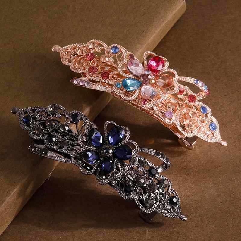 ヘアクリップ レディース レトロ スプリングクリップ ラインストーン フラワー ポニーテール まとめ髪 ..