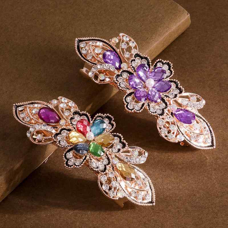 ヘアアクセサリー レディース クリスタル レトロ調 バレッタ 合金 フラワー ラインストーン 上品 オフ..