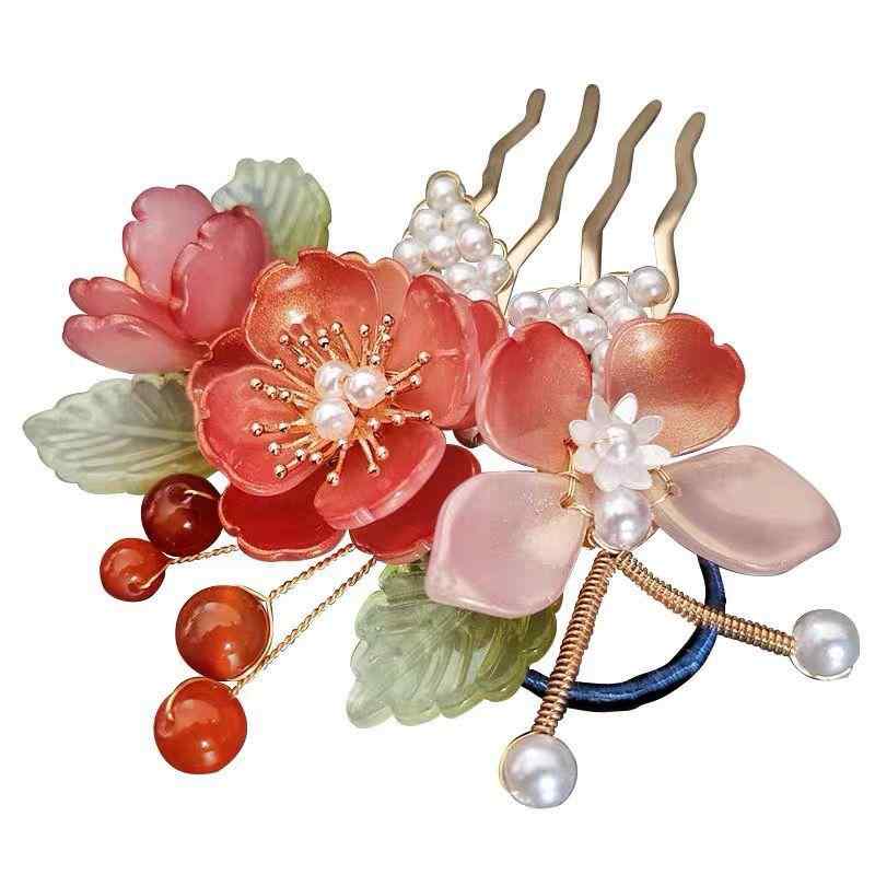 ヘアアクセサリー キッズ 子供用 和風 琉璃ガラス 蝶々 花柄 ヘアコーム 上品 華やか 浴衣 着物 発表会..