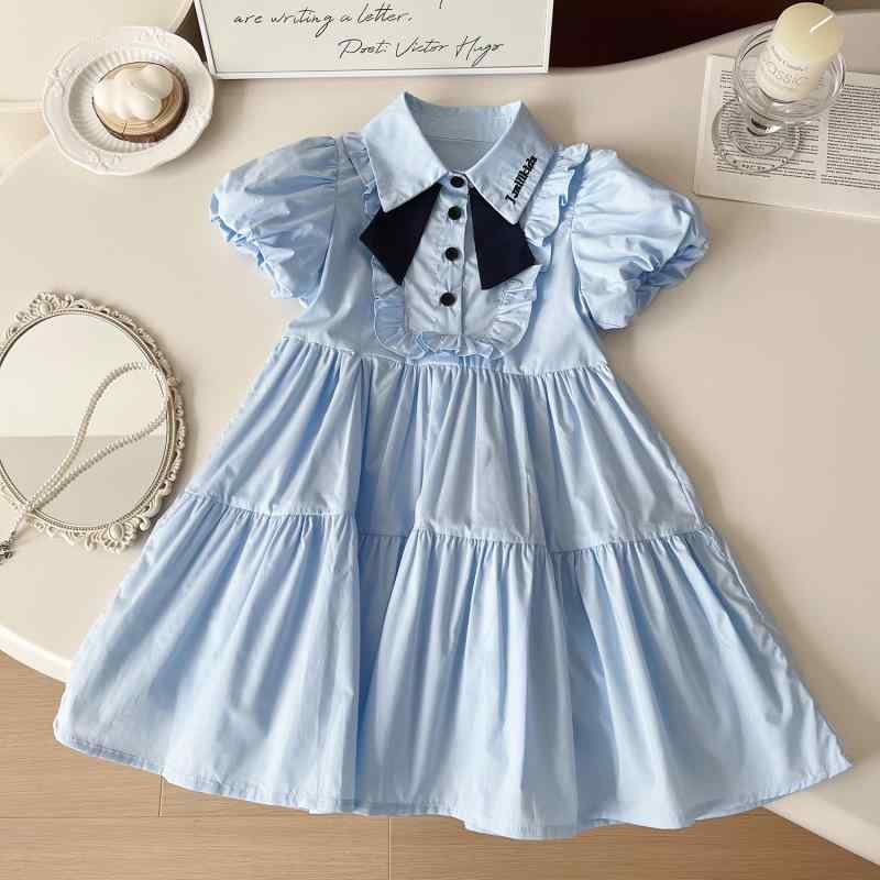ワンピース キッズ 女の子 ガールズ 夏 韓国風 パフスリーブ 半袖 無地 襟付き フリル ヘムフレア カジュアル コットン 綿混素材 3歳 4歳 5歳 6歳 7歳 8歳 幼稚園 保育園 通園 お出かけ着 ブルー
