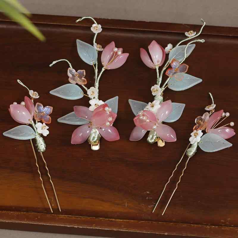 ヘアクリップ レディース 女の子 樹脂製 手作り 古風 レトロ 宮廷風 瑠璃風 花びらモチーフ 漢服 和装 小物 髪留め アンティーク調