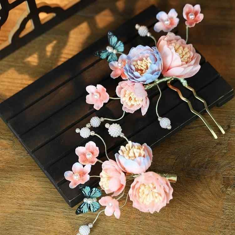 髪飾り レディース 絹 花飾り ヘアクリップ かんざし ダッカールクリップ 手作り 上品 古風 レトロ 華..