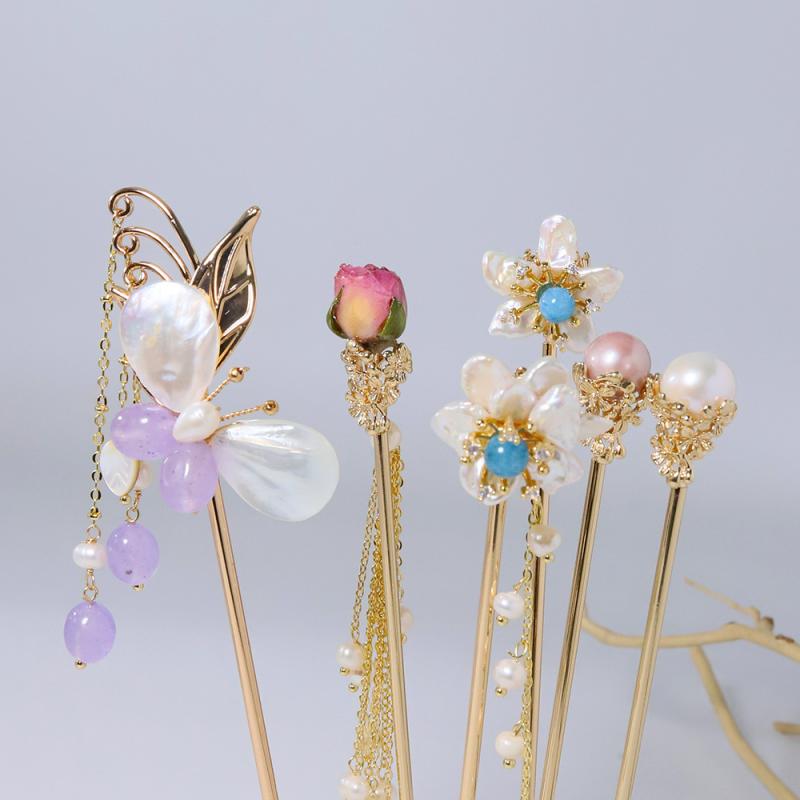 かんざし 揺れる 花 タッセル 黒檀 エジソンパール 高級感 中国風 レトロ 古風 幾何学模様 ハンドメイド 漢服 大人上品 ヘアアクセサリー まとめ髪