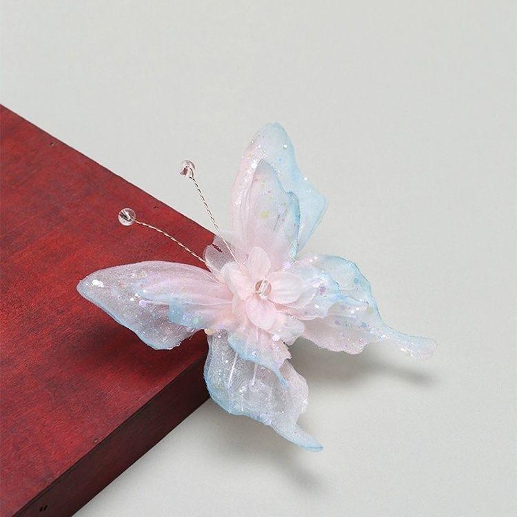 髪飾り ヘアクリップ 立体 蝶々 花 スパンコール 煌めく絹シフォン ピンク ブルー 上品 優雅 古典風 フ..