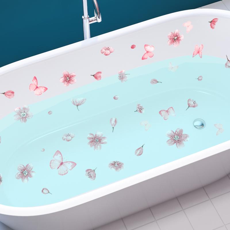 ウォールステッカー 浴室 お風呂 バスタブ用 防水 防滑 防カビ 防汚 自己粘着 花柄 蝶々 PVC製 6枚セッ..
