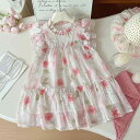 ワンピース 女の子 キッズ 子供 半袖 プリント 花柄 プリンセス フレア 春夏 韓国子供服 かわいい 通気性 速乾性 涼しい ポリエステル素材 普段着 お出かけ フリルスカート ゆったり 小学生 カジュアル