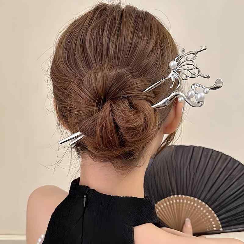 かんざし レディース 清涼感 新中華風 レトロ 蝶々 パール 高級感 メタル まとめ髪 ヘアアクセサリー シルバー 電気メッキ加工(x2)