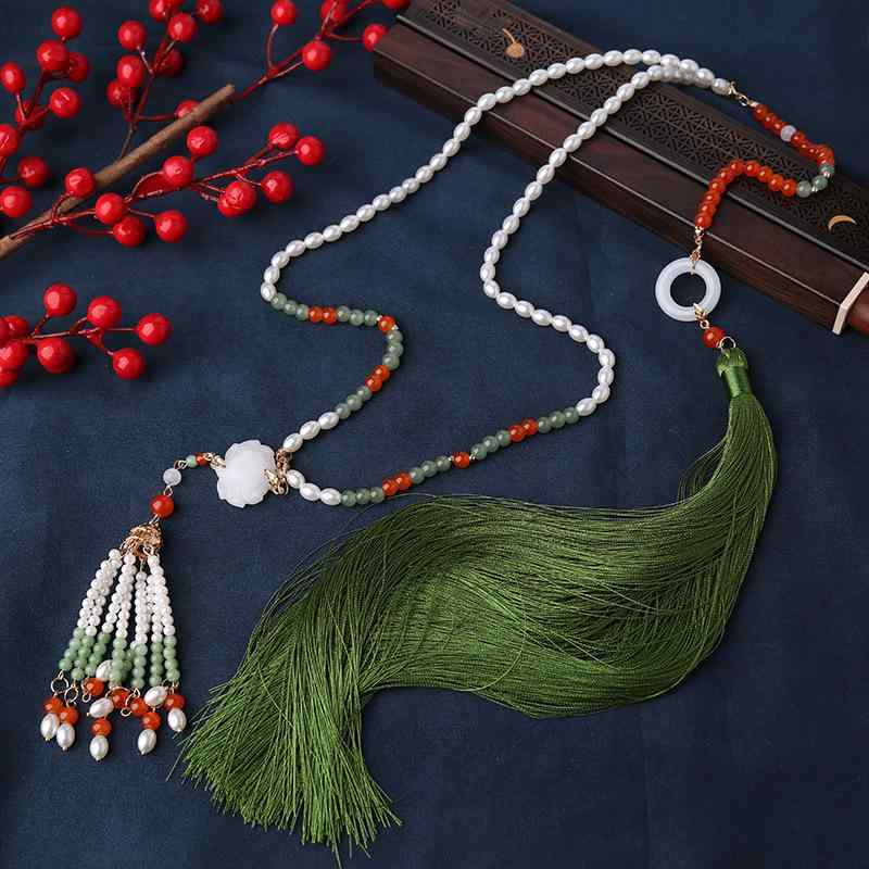 ネックレス レディース 漢服 馬面スカート チャイナドレス 明朝様式 古風 エスニック 背雲 ロングタッセル 瓔珞 花柄 瑠璃 グリーン ロング丈