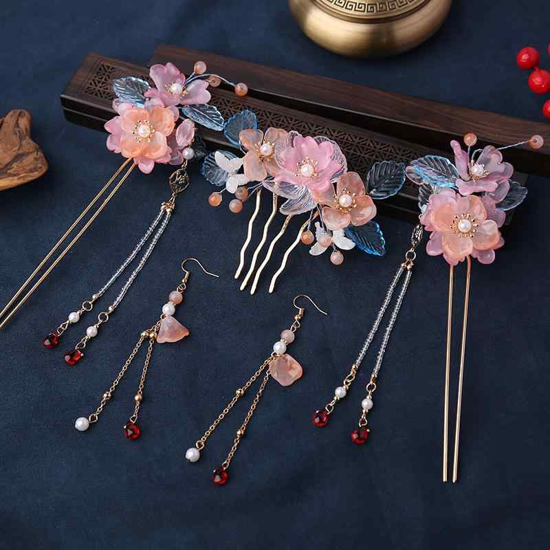 ヘアアクセサリー レディース 揺れる 歩揺 タッセル 仙女風 漢服 古風 和装 かんざし コーム 樹脂製 手作り フラワーモチーフ まとめ髪 セット