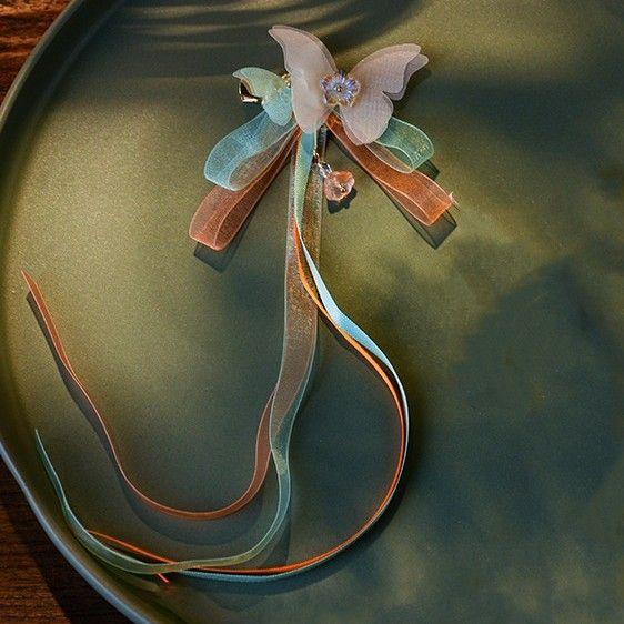 ヘアアクセサリー キッズ 女の子 中華風 チャイナドレス風 古風 宮廷風 妖精 蝶々 絹花 リボン クリップ 髪飾り ショートヘア スパンコール キラキラ 2個...