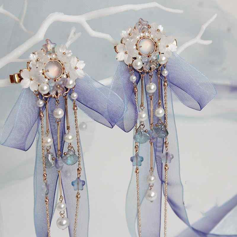 髪飾り キッズ 女の子 子供用 オリジナルデザイン 古風 漢服風 宮廷風 揺れる ぶら下がり飾り ペア ヘアクリップ スパンコール 花柄 リボン シルク 合金製...