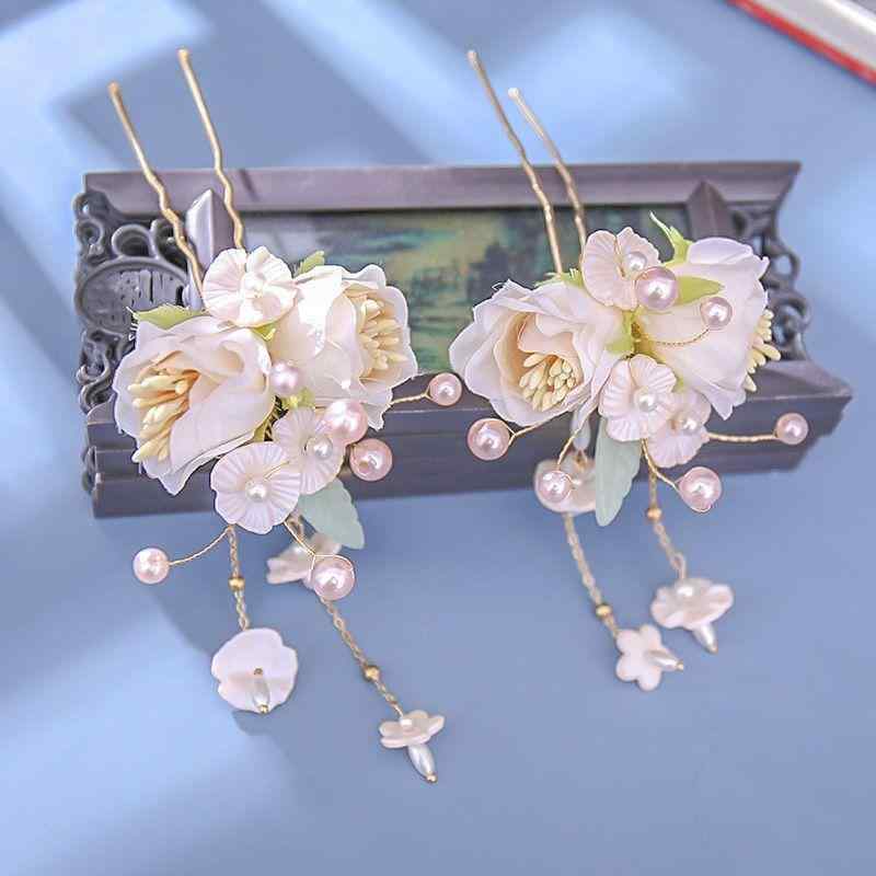 ヘアアクセサリー レディース 宮廷風 レトロ 優雅 絹花 シルクフラワー 花 タッセル かんざし ヘアクリップ Uピン セット 和装小物 浴衣 着物 成人式 結...