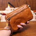 スマホポーチ レディース 本革 牛革 ベジタブルタンニンレザー 手染め アンティーク調 レトロ シンプル プリーツ加工 大容量 ファスナー開閉 普段使い セカンドバッグ
