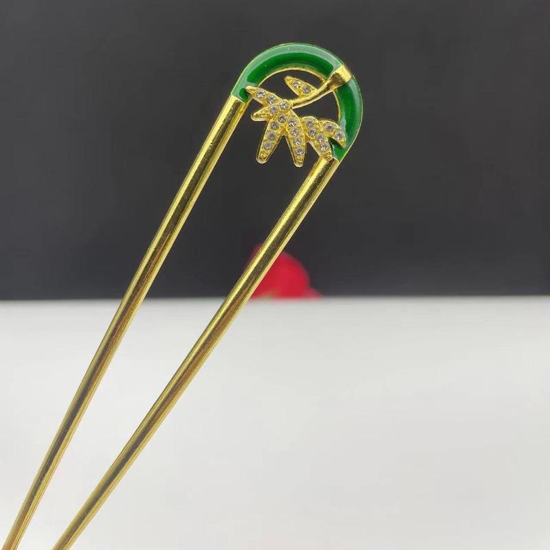 かんざし U字型 竹の葉モチーフ レトロ モダンチャイニーズスタイル 上品な緑色 高級感 髪飾り ヘアアクセサリー チャイナドレス 和服 浴衣 着物 にぴったり...